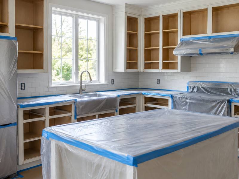 Counters and an island sealed under plastic sheeting and tape, with all the cabinet doors taken down for spraying.