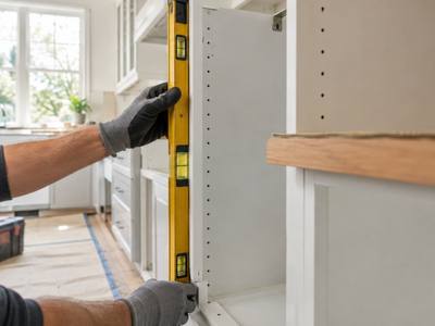 A cabinet installer checking a box for level with a long spirit level.