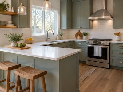 Stools lined up at a sage green island beneath pendant lights in a white kitchen.