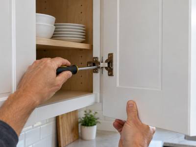 A hand adjusting the hinge of a white cabinet door.