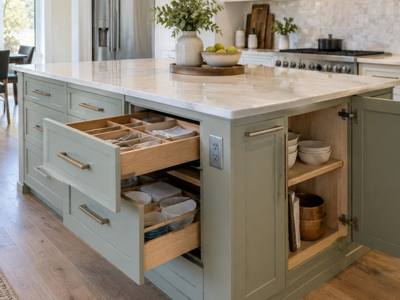 Sage green island shown with its drawers pulled out and open shelving on the end.