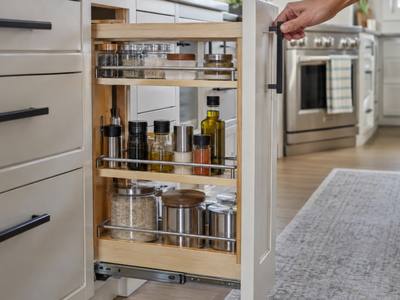 A narrow pull-out spice cabinet next to a stack of white drawers.