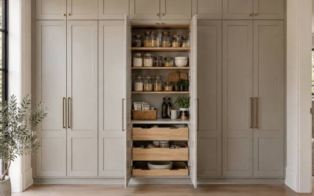 Tall pale grey pantry cupboards running floor to ceiling, one of them standing open.