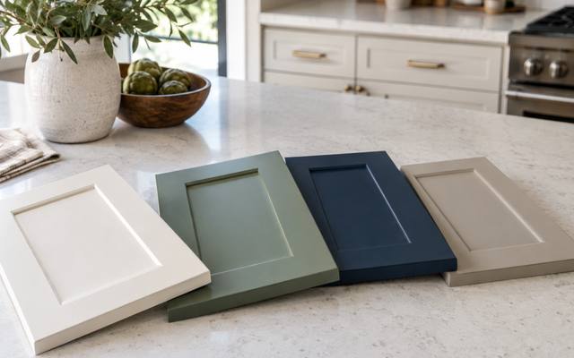 White, sage, navy and greige sample doors lined up on an Applewood kitchen counter.