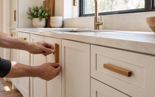 Hands fitting wood handles to cream painted drawer fronts.