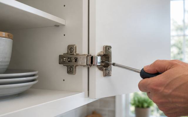 Screwdriver tightening a soft-close hinge on the inside of a white door.