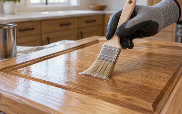A gloved hand laying clear finish over a freshly stained wood door.