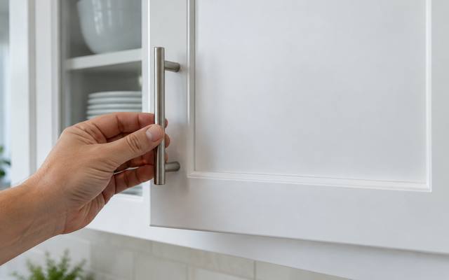 A hand opening a smooth sprayed white cabinet door.
