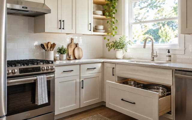 A compact white kitchen in Applewood with a range and a deep drawer pulled open.