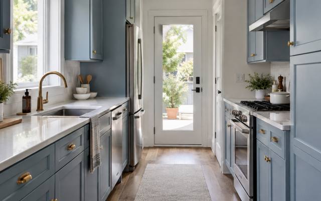 Blue-grey painted cabinets lining both walls of a narrow galley kitchen.