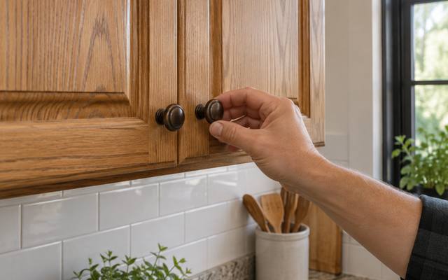 Bronze knob being screwed onto a golden oak door before any paint goes on.