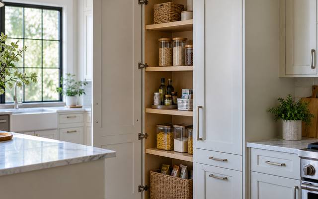Open pantry shelves stocked with glass jars and woven baskets.
