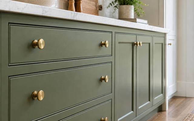 Round brass knobs on sage green island drawers.