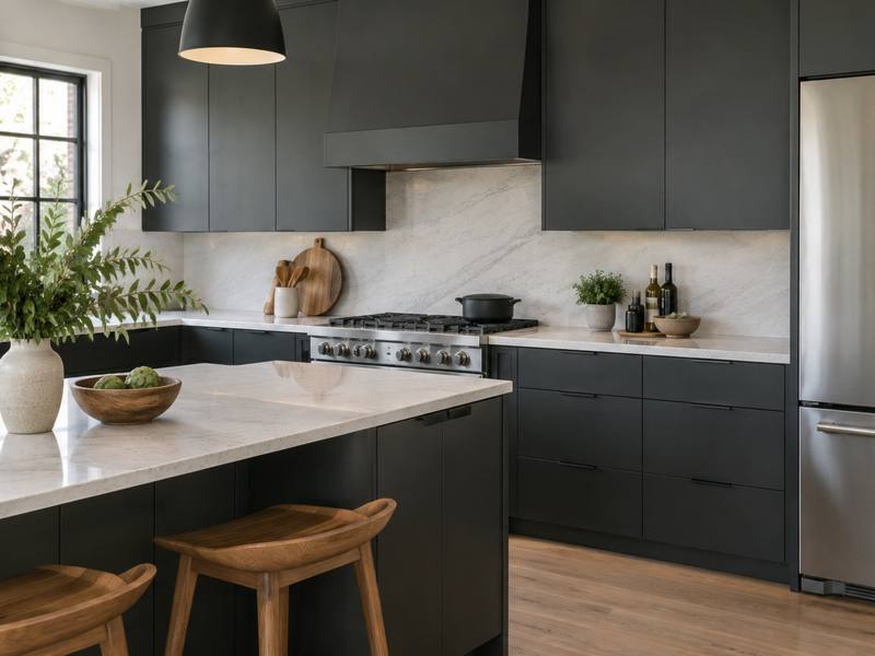 Charcoal cabinets behind a white-topped island with a row of wooden stools.